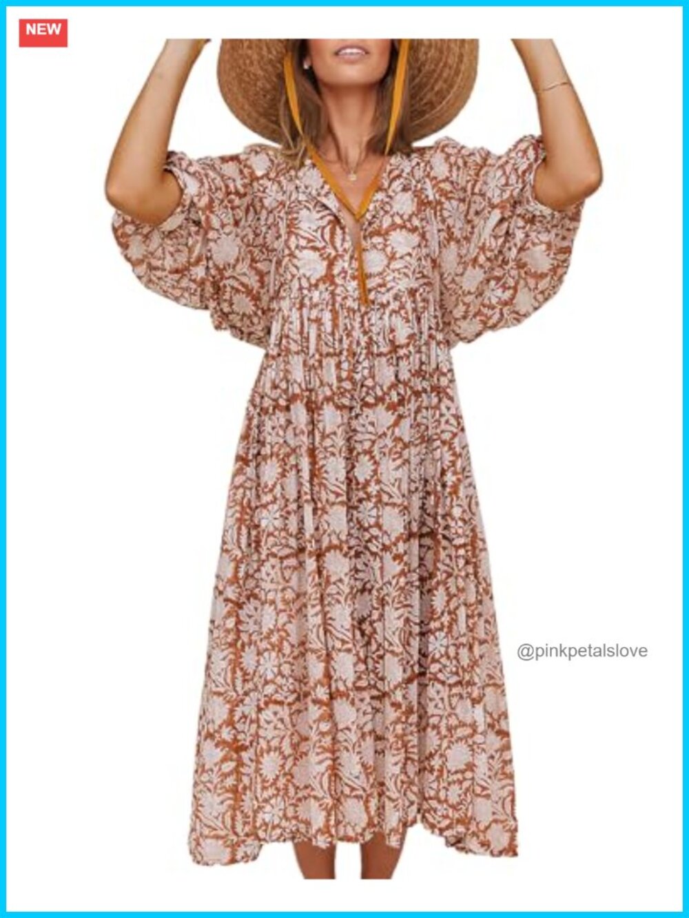 Deep V Puff Sleeve Boho Midi Floral Dress Rayon